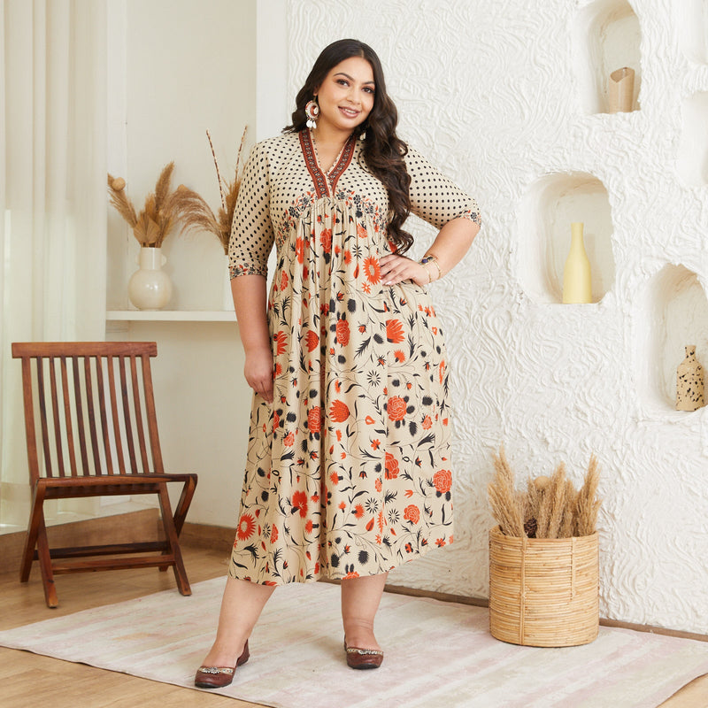 Beige Blossom V Neck Gathered Dress