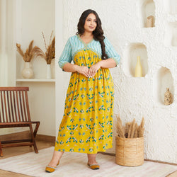 Yellow & Sky Blue V Neck Lotus Dress - SOM