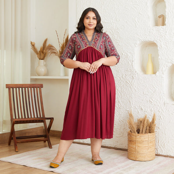 Maroon V Neck Gathered Dress - SOM