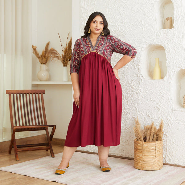 Maroon V Neck Gathered Dress - SOM