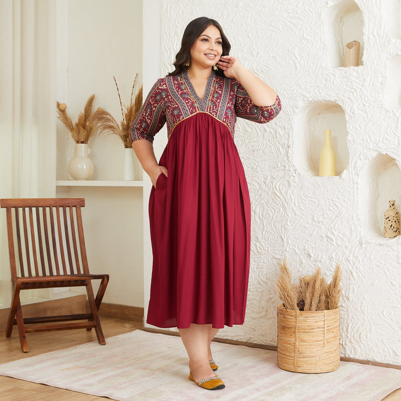 Maroon V Neck Gathered Dress