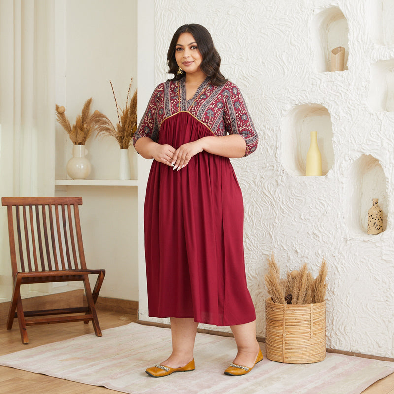 Maroon V Neck Gathered Dress