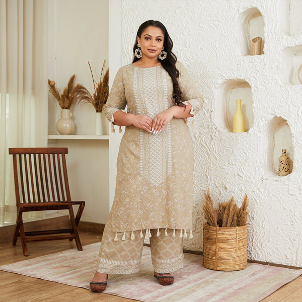 Beige Kurta Palazzo Set with Tassel Details