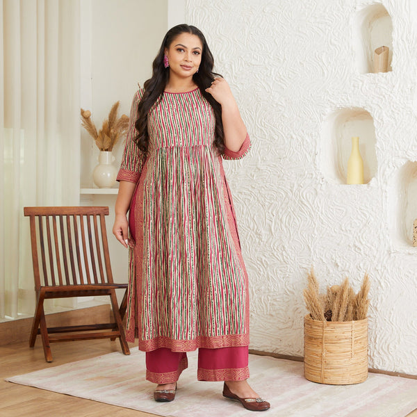 Multicolour Striped Front Gather Kurta Palazzo Set