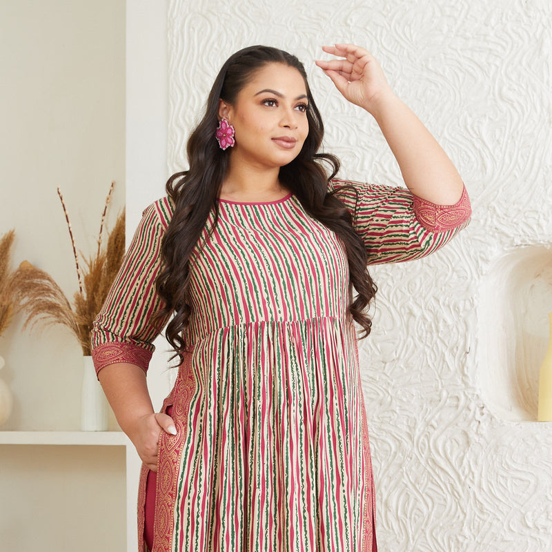 Multicolour Striped Front Gather Kurta Palazzo Set