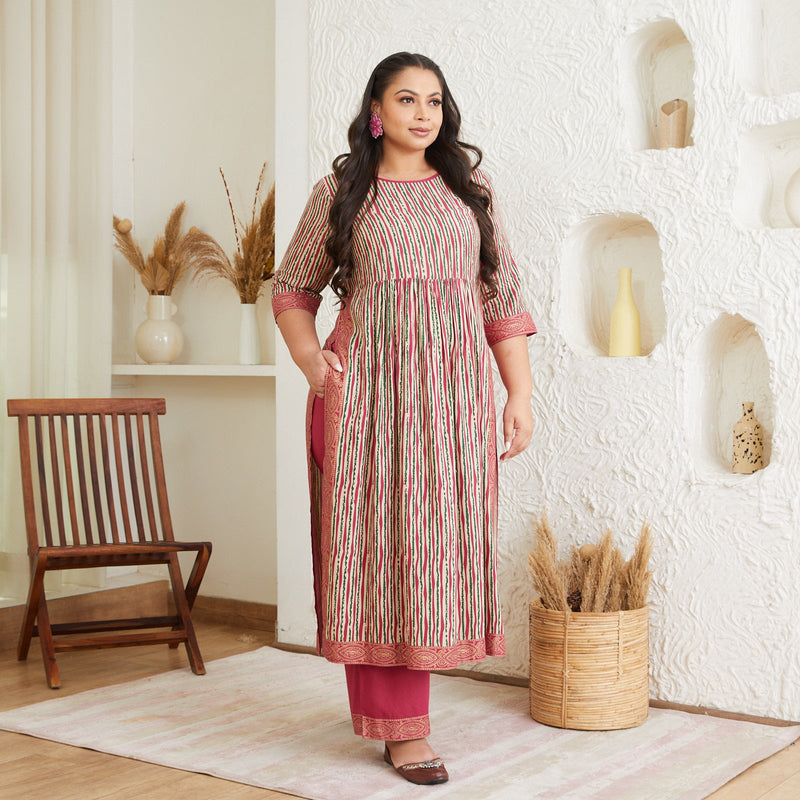 Multicolour Striped Front Gather Kurta Palazzo Set