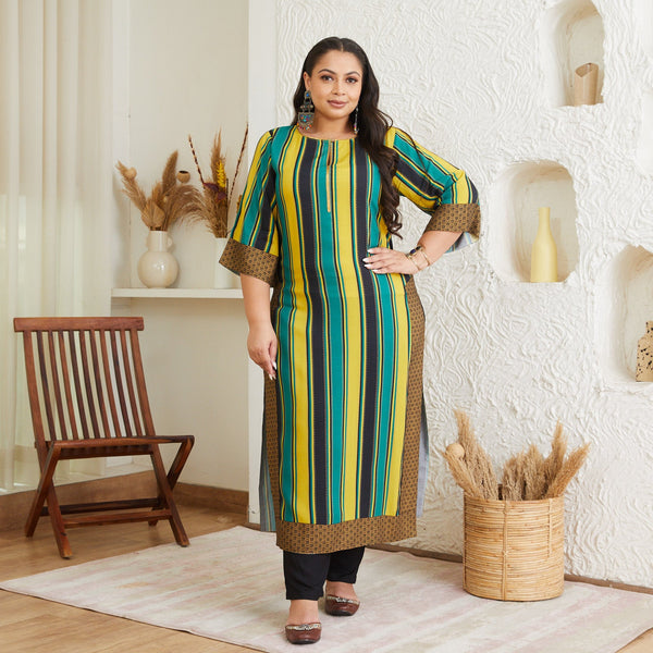 Black Teal & Yellow Striped Long Kurta - SOM