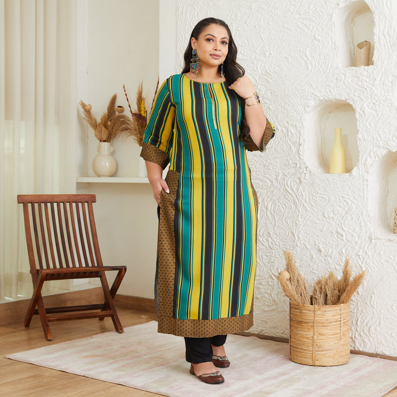 Black Teal & Yellow Striped Long Kurta - SOM