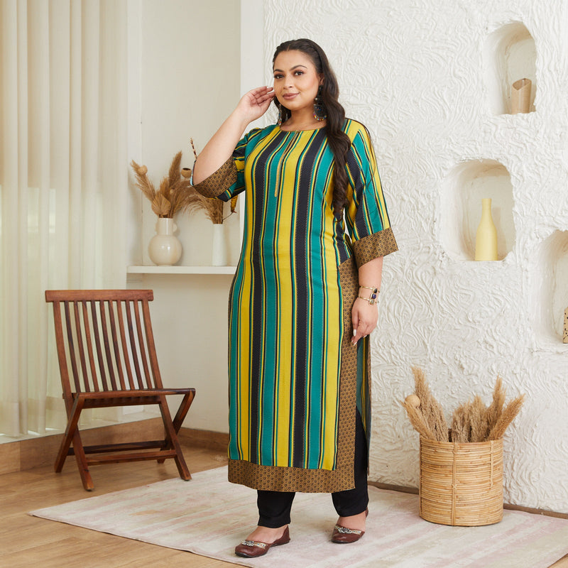 Black Teal & Yellow Striped Long Kurta - SOM