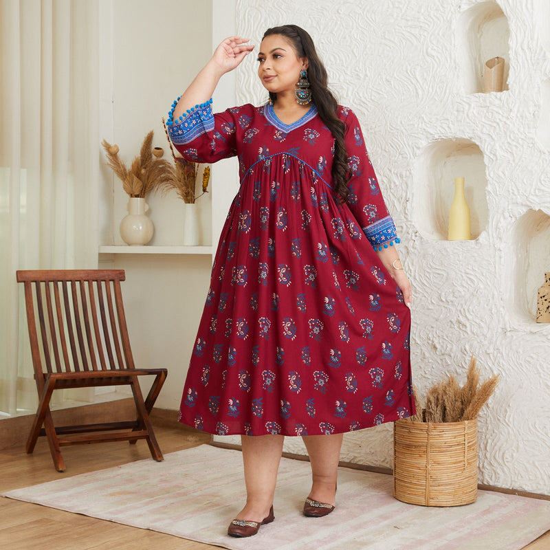 Maroon & Blue V Neck Gathered Dress