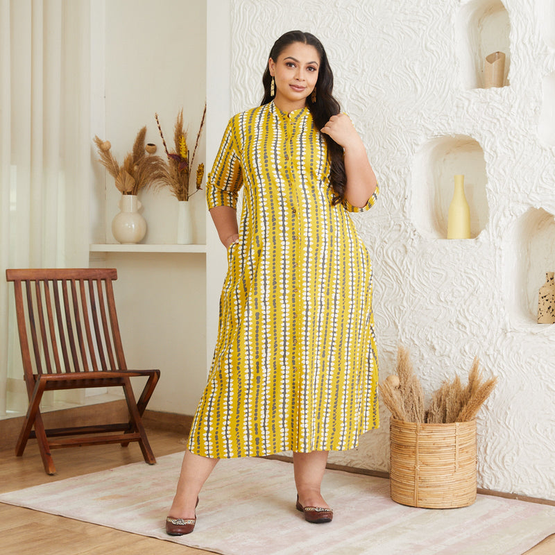 Yellow Stone Printed Shirt Dress