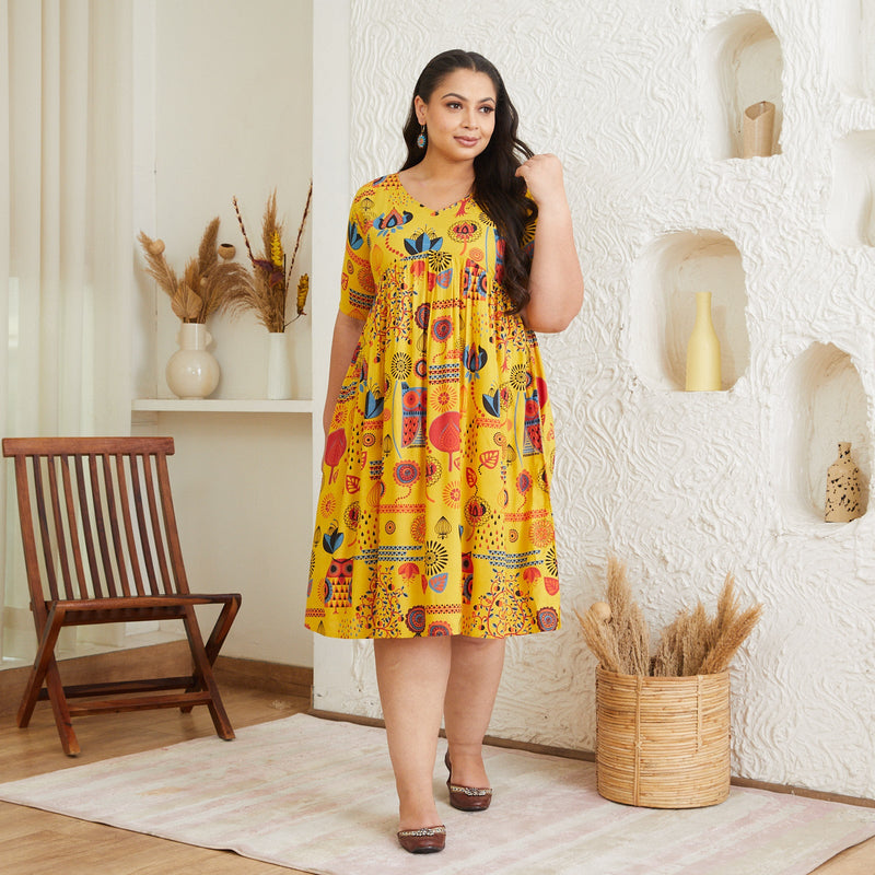 Yellow Abstract Print Flared Dress - SOM