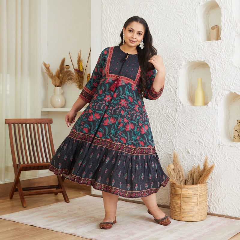 Black Floral Dress with Hem Details