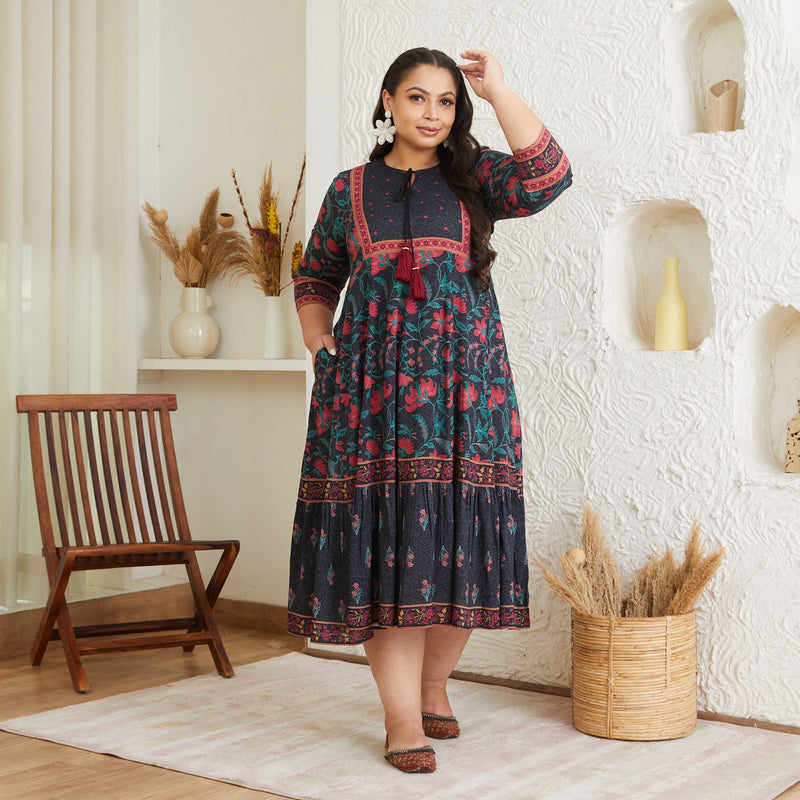 Black Floral Dress with Hem Details