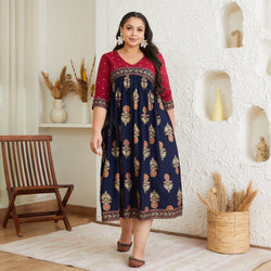 Blue & Maroon V Neck Dress with Gold Buta & Polka Prints - SOM