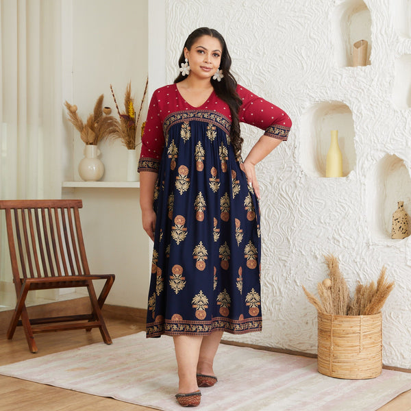 Blue & Maroon V Neck Dress with Gold Buta & Polka Prints - SOM