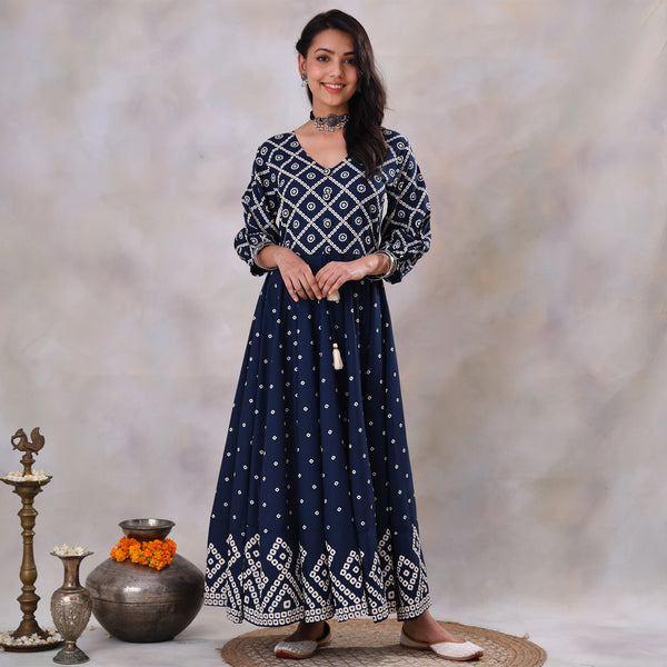 Blue Bandhani Printed Flared Dress with Front Button & Tassel Details