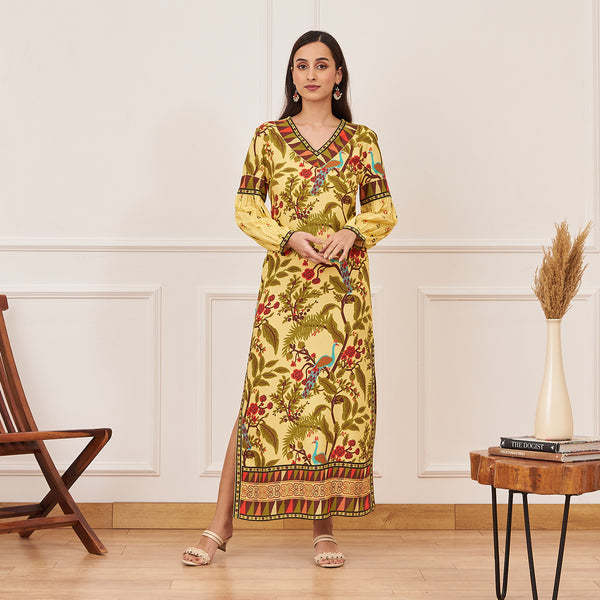 Lime Yellow Peacock Printed Side Slit Maxi Dress