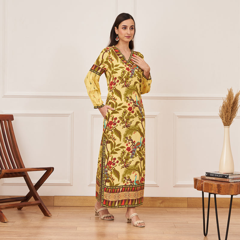 Lime Yellow Peacock Printed Side Slit Maxi Dress