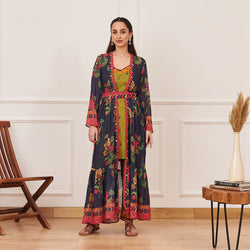 Olive Printed Tunic and Pant Set with Navy Tiered Long Shrug and Belt
