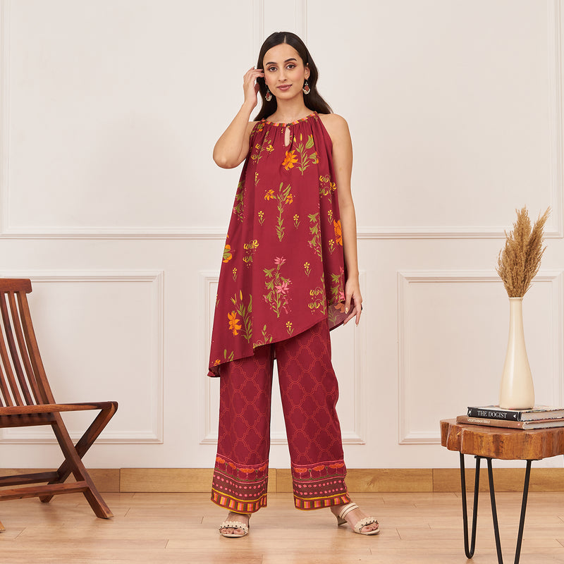 Maroon Halter Neck Top and Palazzo Set