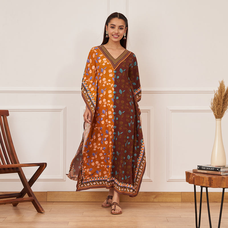 Mustard Brown Half & Half Leaf Print Kaftan