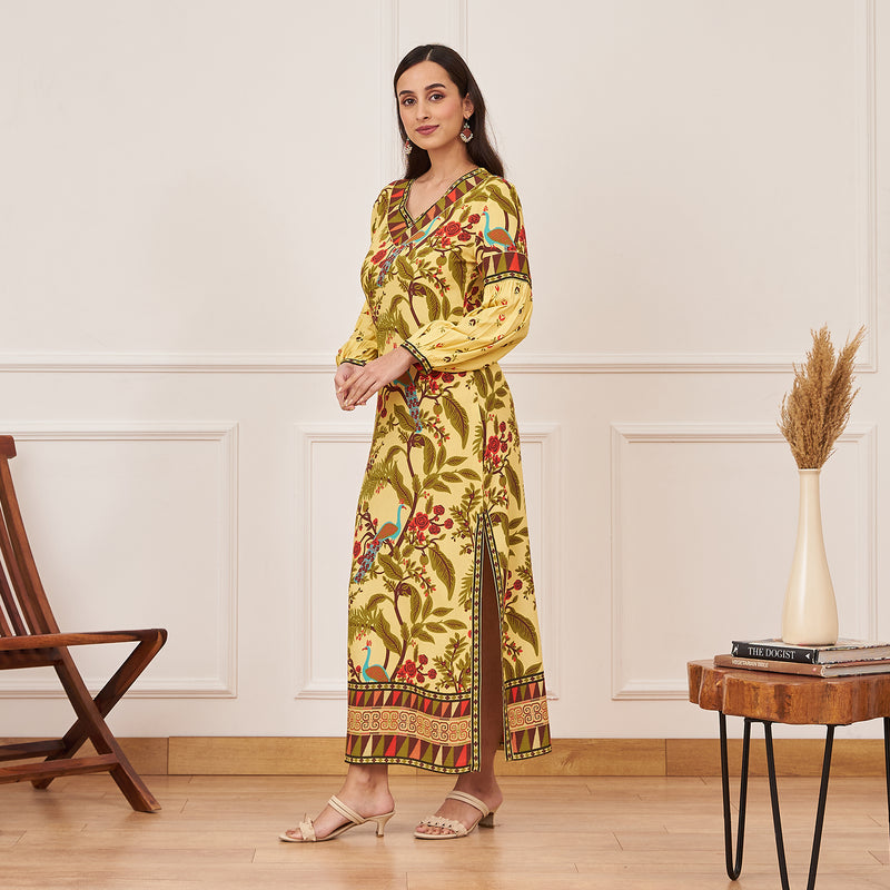 Lime Yellow Peacock Printed Side Slit Maxi Dress