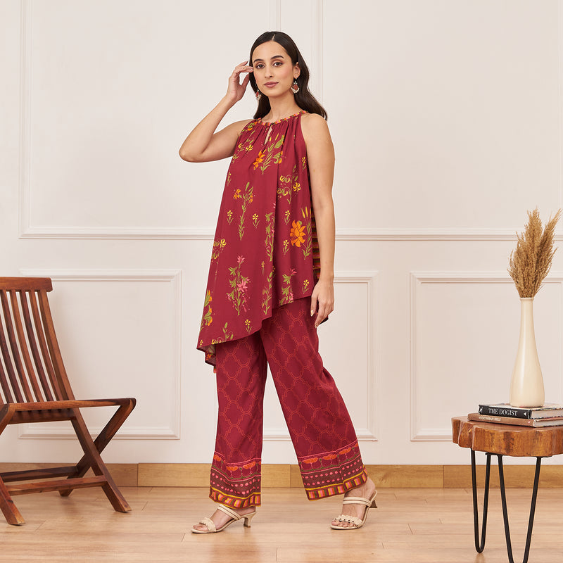 Maroon Halter Neck Top and Palazzo Set