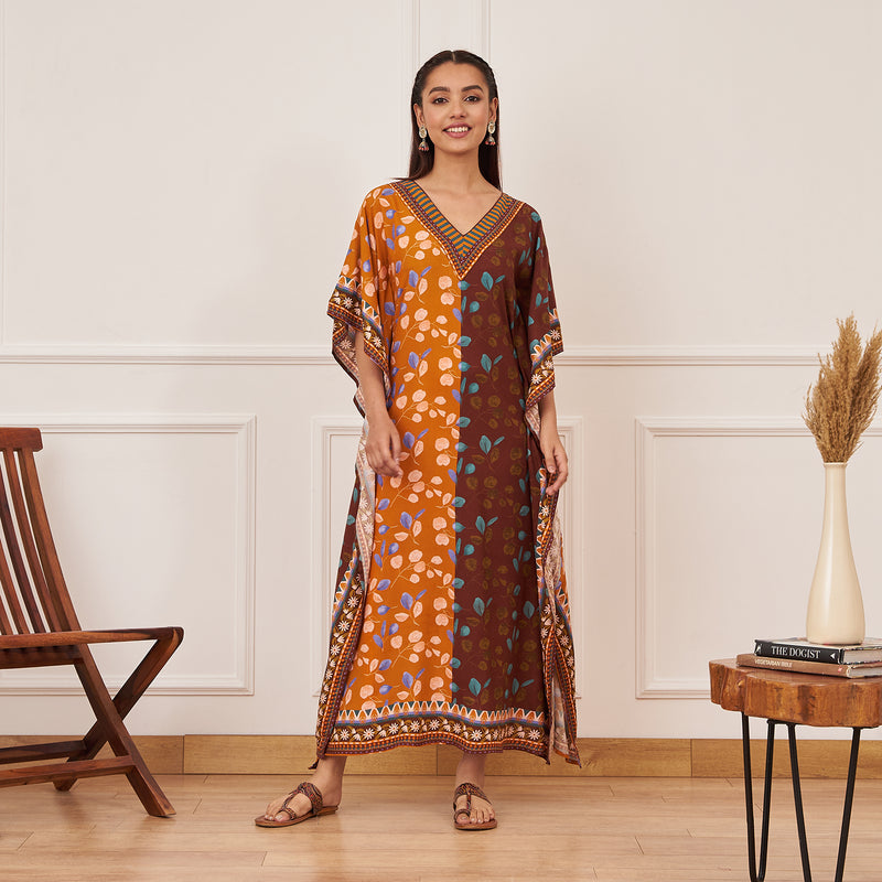 Mustard Brown Half & Half Leaf Print Kaftan