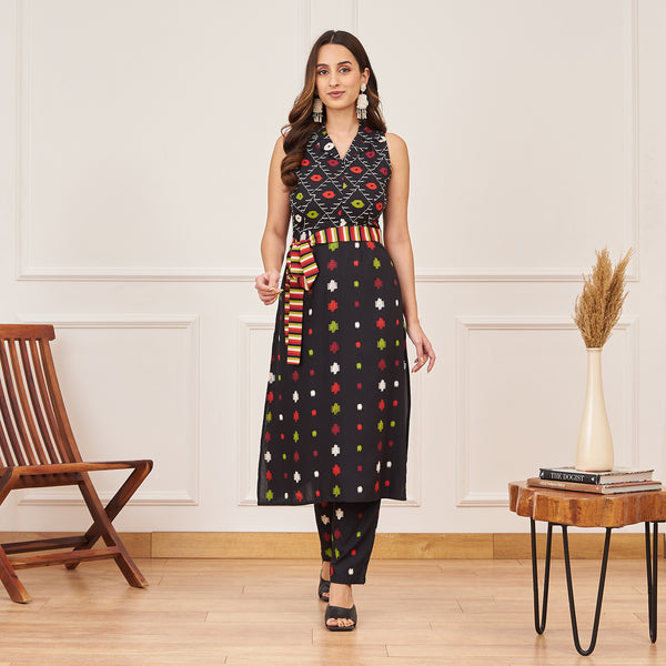 Black Ikat Inspired Kurta Pant Set with Belt