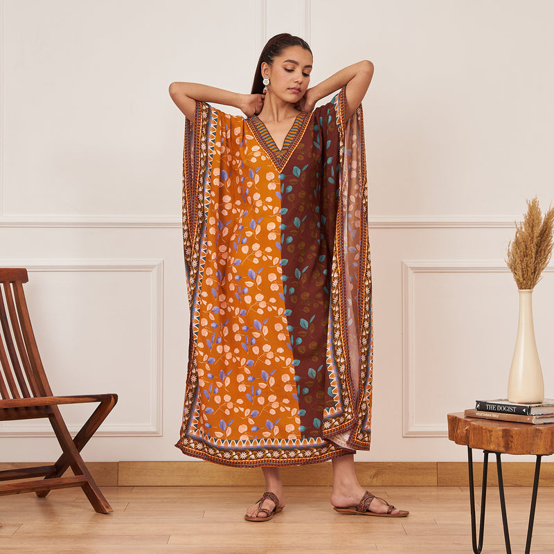 Mustard Brown Half & Half Leaf Print Kaftan