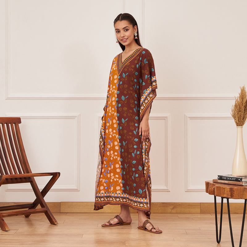 Mustard Brown Half & Half Leaf Print Kaftan