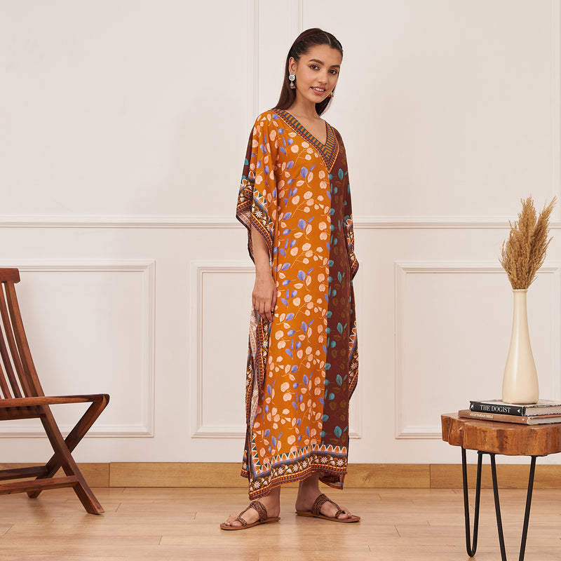 Mustard Brown Half & Half Leaf Print Kaftan