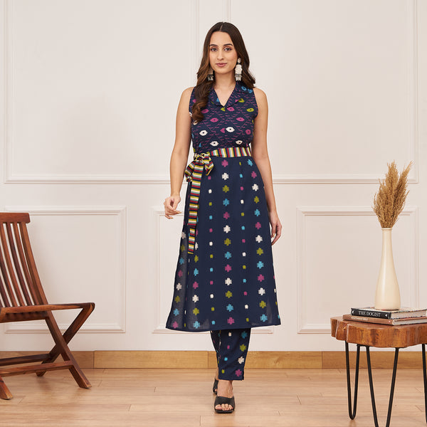 Navy Blue Ikat Inspired Kurta Pant Set with Belt