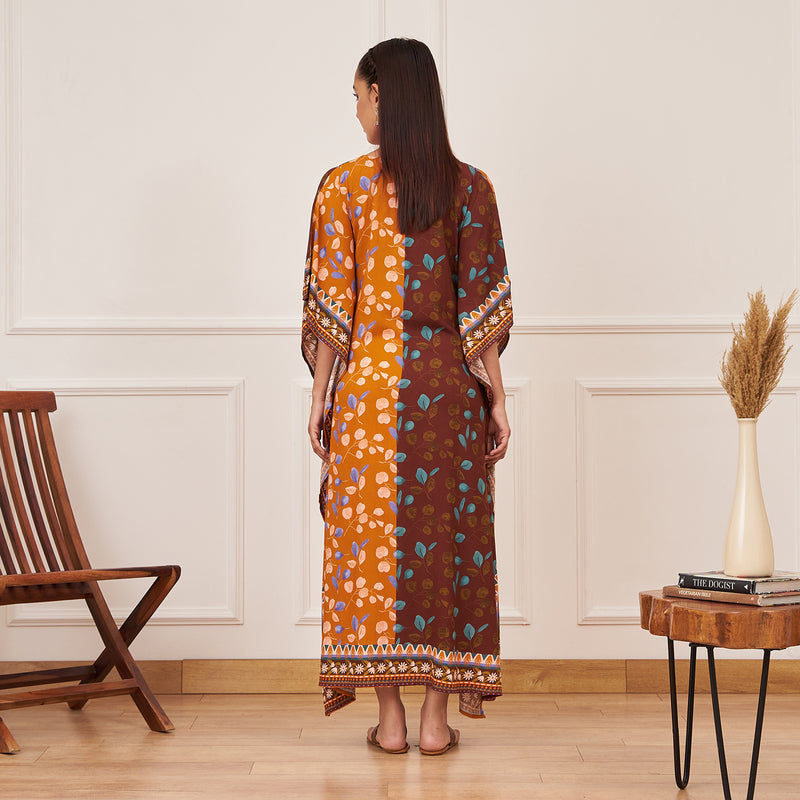 Mustard Brown Half & Half Leaf Print Kaftan