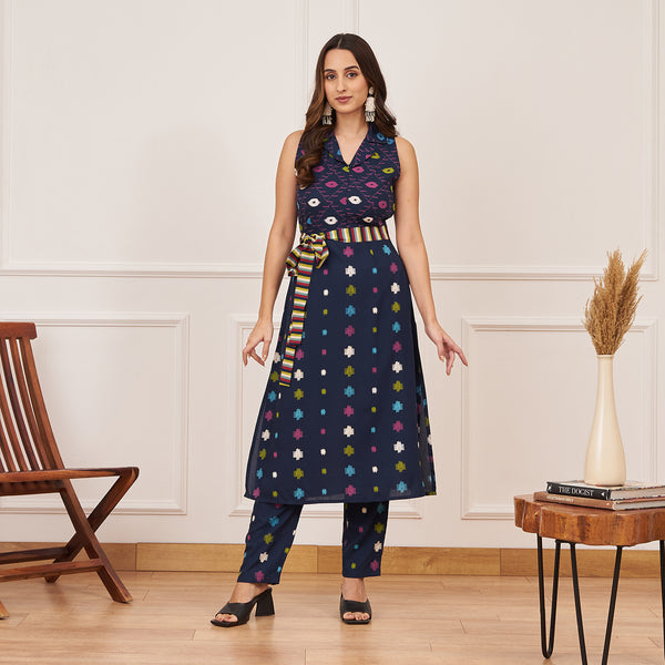 Navy Blue Ikat Inspired Kurta Pant Set with Belt