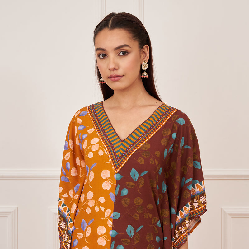 Mustard Brown Half & Half Leaf Print Kaftan