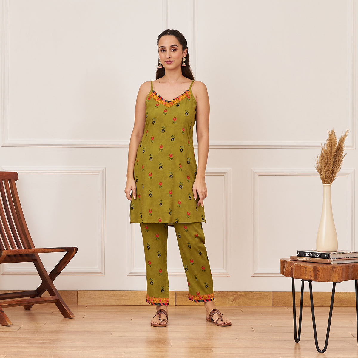 Olive Printed Tunic and Pant Set with Navy Tiered Long Shrug and Belt