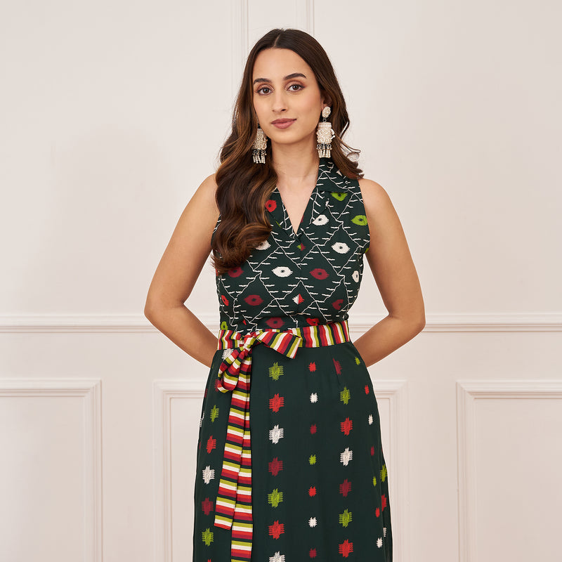 Emerald Green Ikat Inspired Kurta Pant Set with Belt
