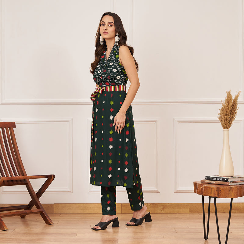 Emerald Green Ikat Inspired Kurta Pant Set with Belt