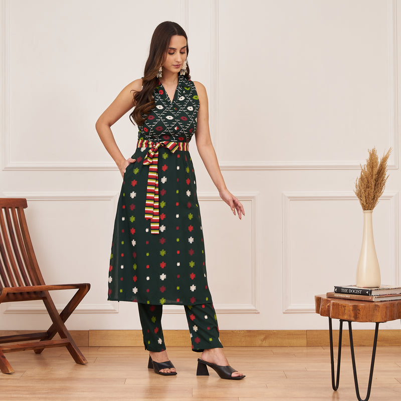 Emerald Green Ikat Inspired Kurta Pant Set with Belt