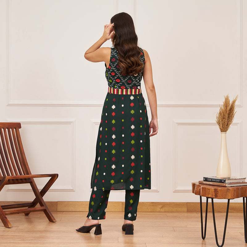 Emerald Green Ikat Inspired Kurta Pant Set with Belt