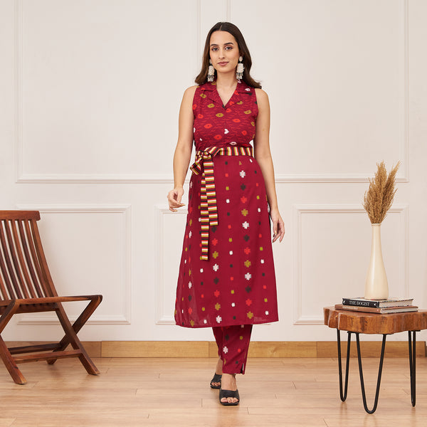 Maroon Ikat Inspired Kurta Pant Set with Belt