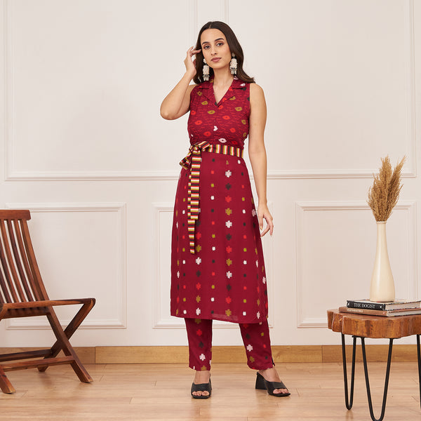 Maroon Ikat Inspired Kurta Pant Set with Belt