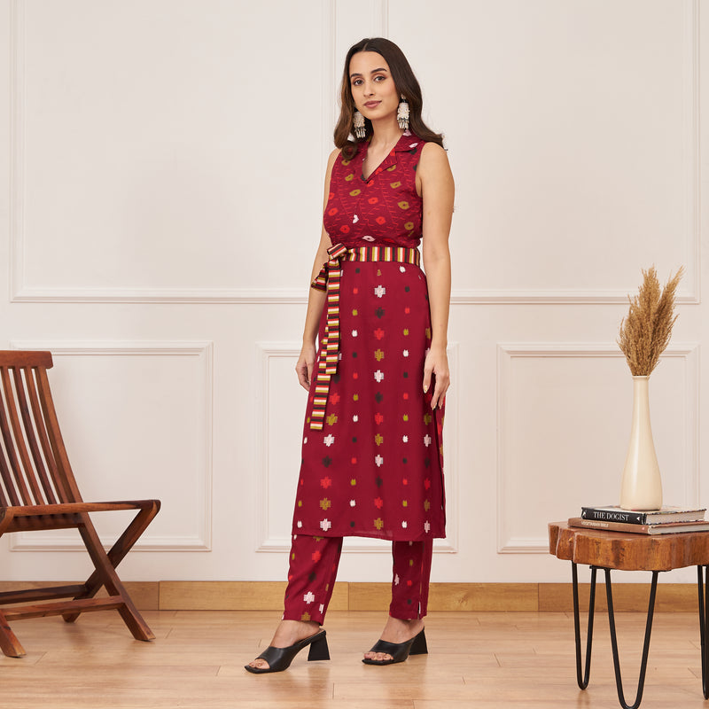 Maroon Ikat Inspired Kurta Pant Set with Belt