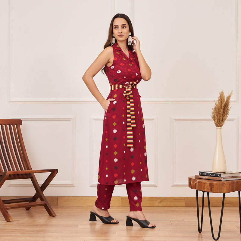 Maroon Ikat Inspired Kurta Pant Set with Belt