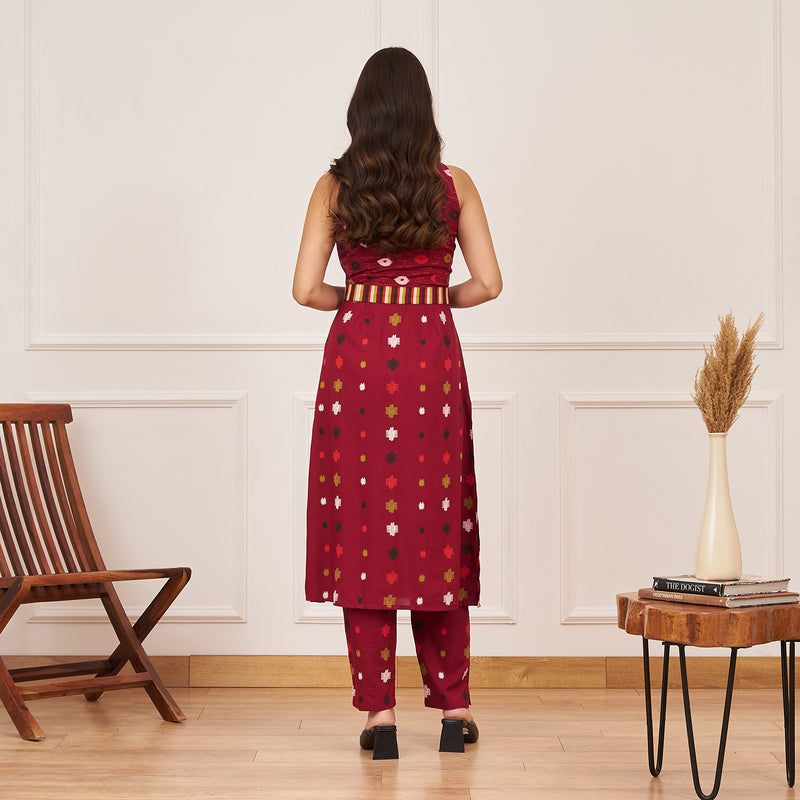 Maroon Ikat Inspired Kurta Pant Set with Belt