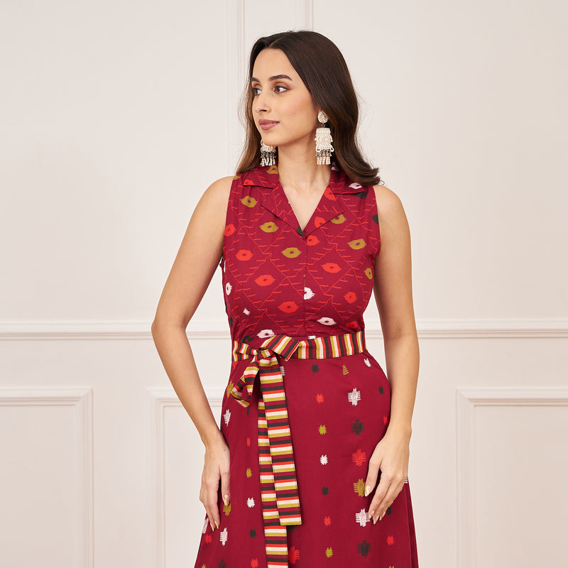 Maroon Ikat Inspired Kurta Pant Set with Belt