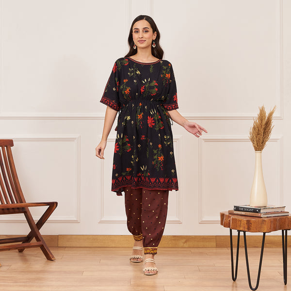 Black Floral Drawstring Kurta Salwar Set