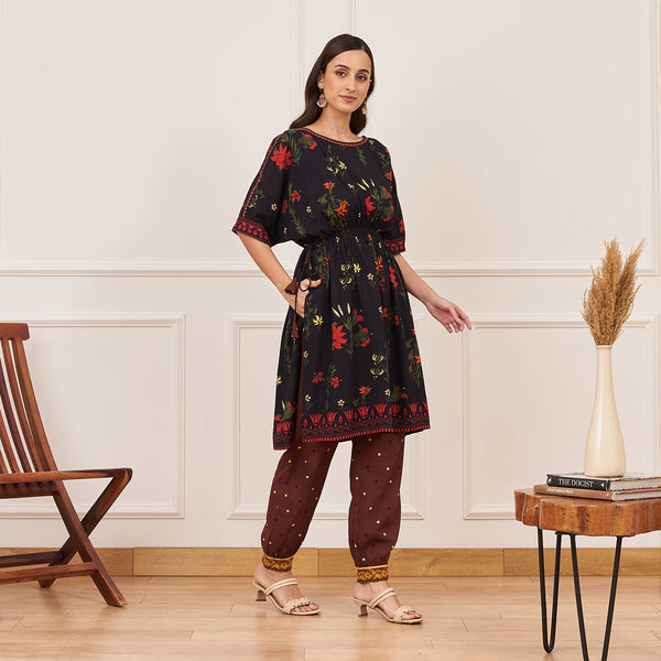 Black Floral Drawstring Kurta Salwar Set